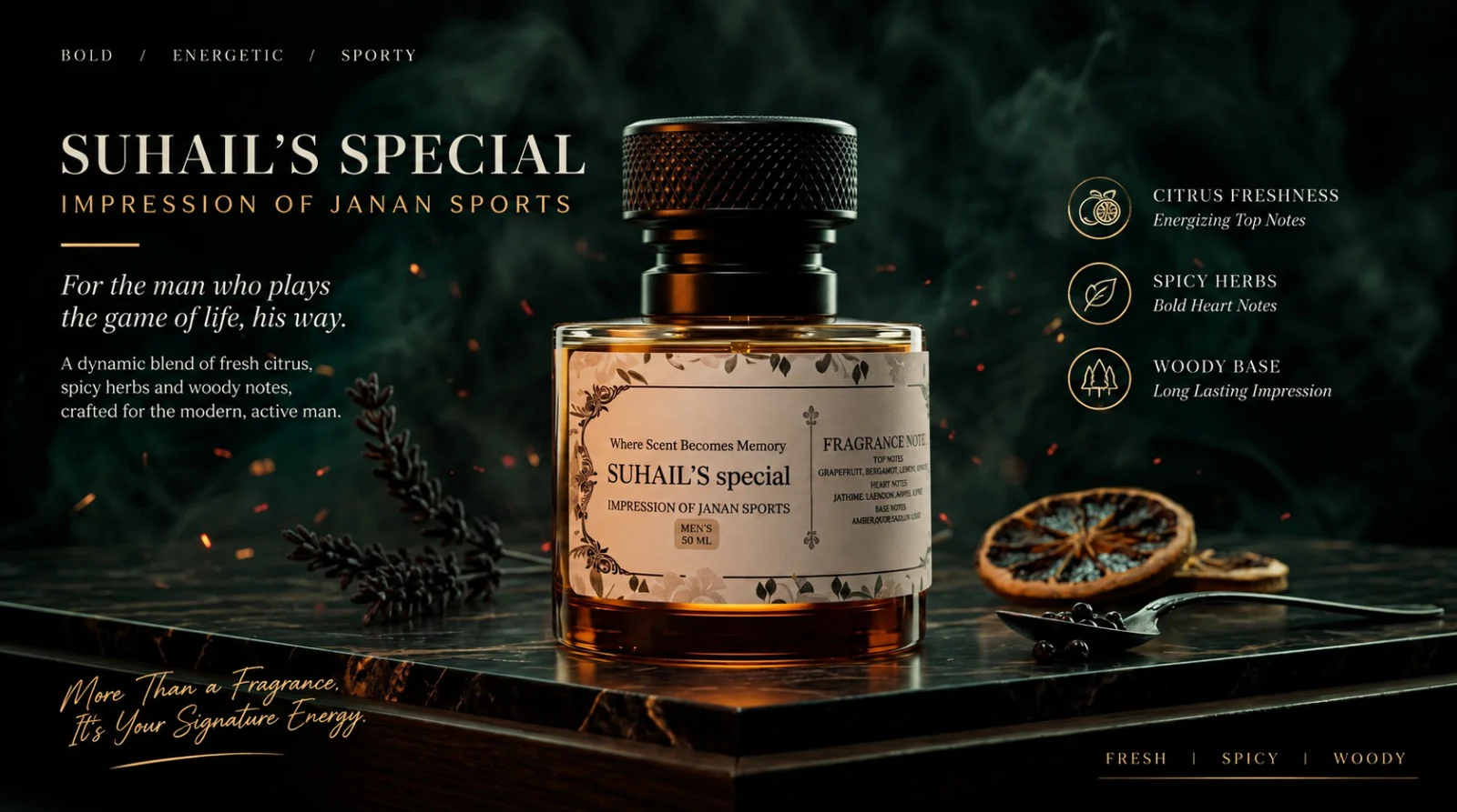 Suhail's Special, impression of Janan Sports. Bold, energetic, sporty. For the man who plays the game of life, his way. A dynamic blend of fresh citrus, spicy herbs and woody notes, crafted for the modern, active man. Citrus freshness: energizing top notes. Spicy herbs: bold heart notes. Woody base: long lasting impression. More than a fragrance, it's your signature energy. Fresh, spicy, woody. The amber Suhail's Special bottle with its black knurled cap on dark marble, beside lavender, a dried orange slice and a spoon of peppercorns.