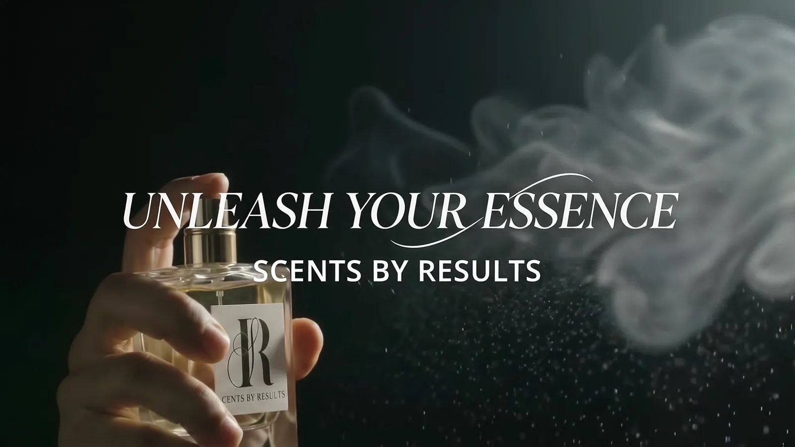 Unleash your essence. Scents by Results. A hand sprays a clear Scents by Results bottle, a cloud of fine mist drifting across a dark background.