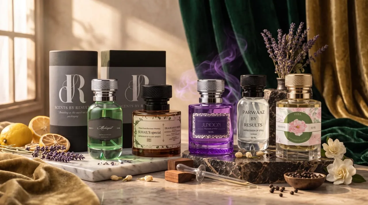 Five Scents by Results bottles lined up on marble in warm window light: green Mulaqat, amber Suhail's Special, violet Junoon, clear Parwaaz and Hiba with its pink floral label, beside two gift boxes, lemons, lavender, gardenias and a wisp of purple smoke, before green and gold velvet drapes.