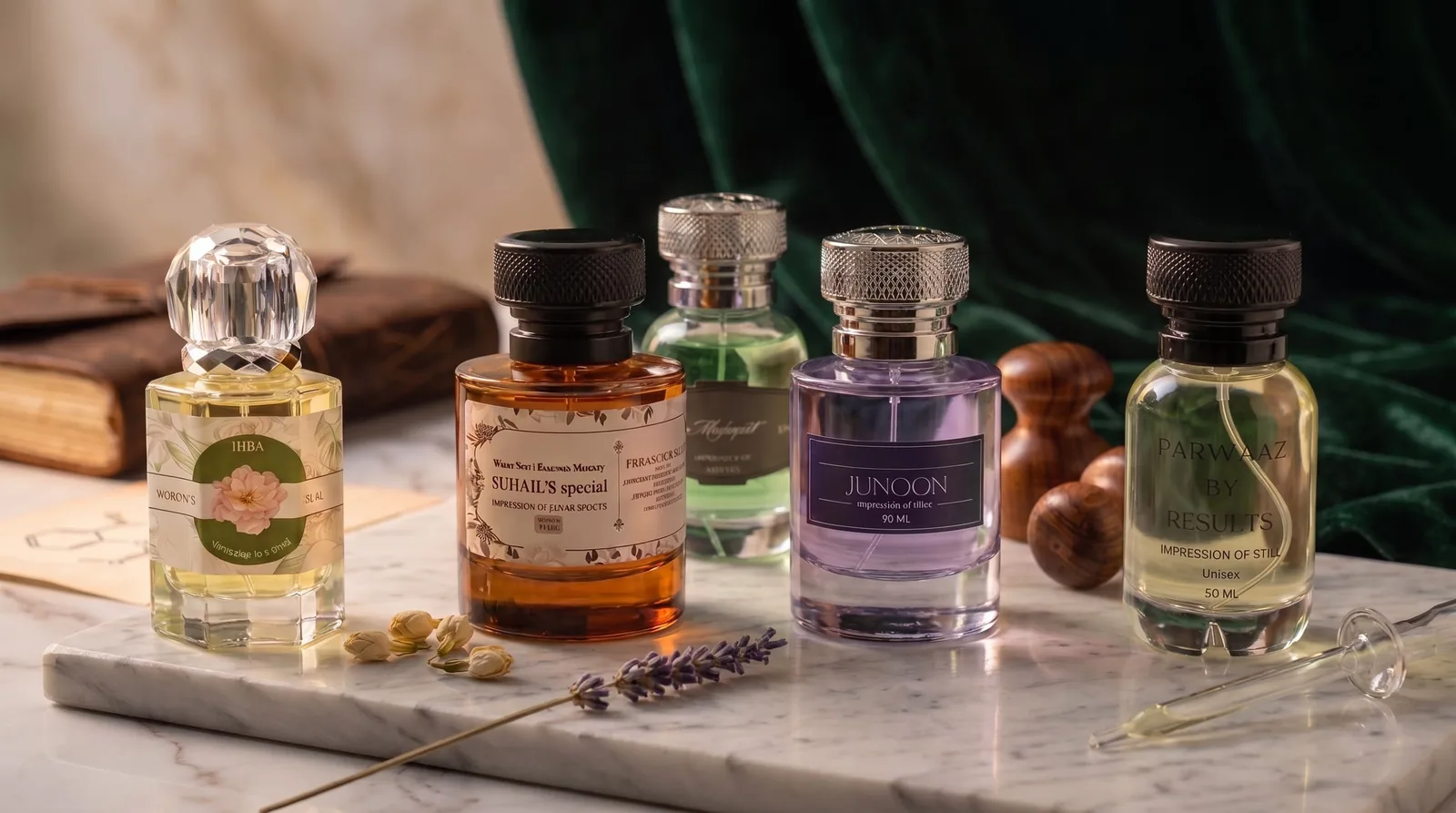 Hiba, Suhail's Special, Mulaqat, Junoon and Parwaaz bottles lined up on a white marble slab before green velvet drapes, with a leather journal, wooden stoppers, a lavender sprig, jasmine buds and a glass dropper.