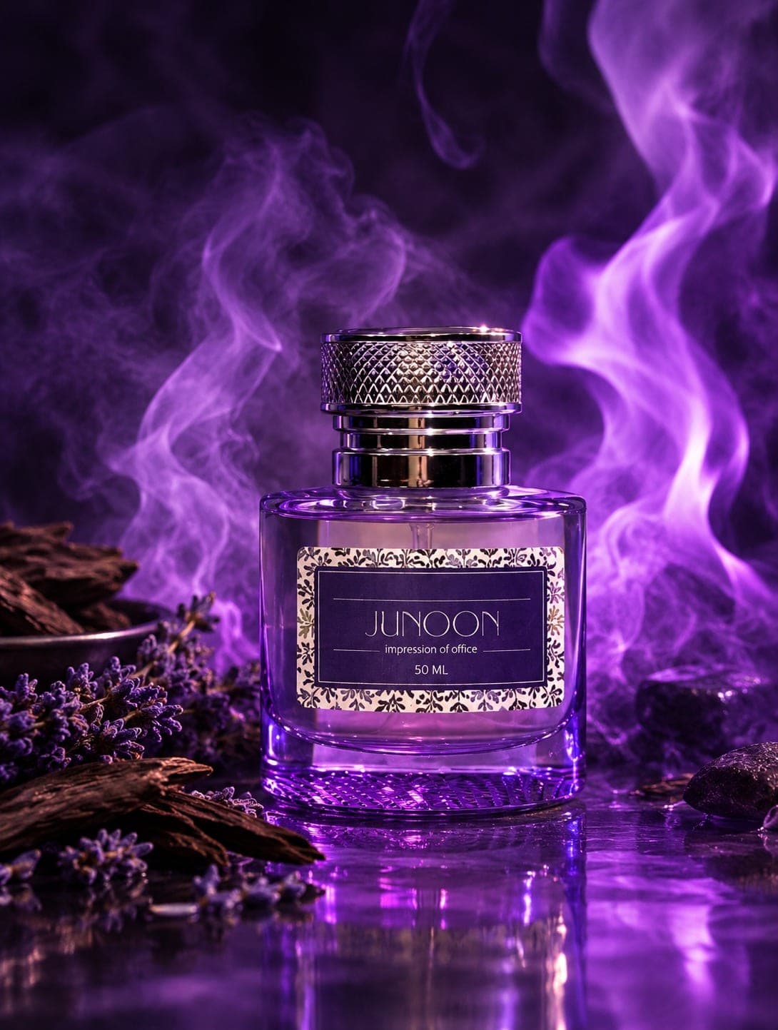 Junoon 50ml bottle of violet-tinted glass under a knurled silver cap, its patterned navy label reading impression of office, wreathed in purple smoke among dried lavender and dark wood chips on a glossy surface.