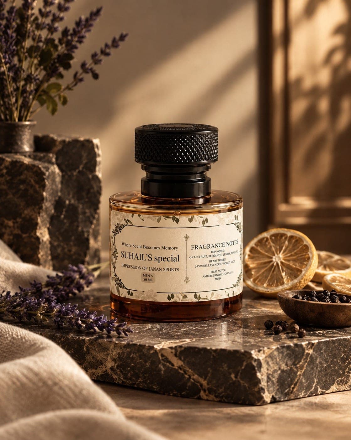 Suhail's Special 50ml bottle of deep amber juice under a black knurled cap, its cream label listing the fragrance notes, on a dark marble slab with lavender, dried lemon slices and black peppercorns in warm sunlight.